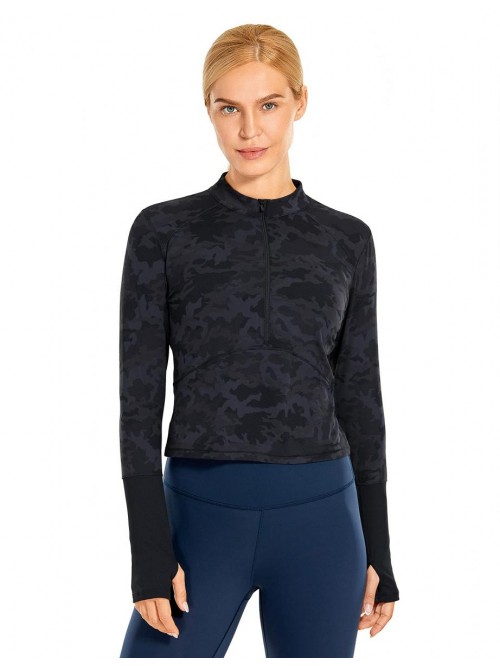 YOGA Women's Long Sleeve Crop Top Quick Dry Half-Z...