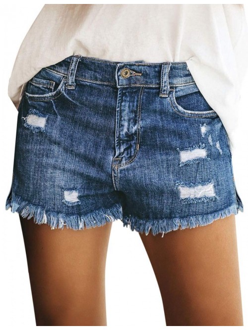 Women's Casual Mid Rise Denim Shorts Stretch Rippe...