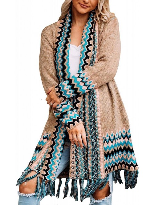 Plus Size Long Cardigans Boho Open Front Aztec Tri...