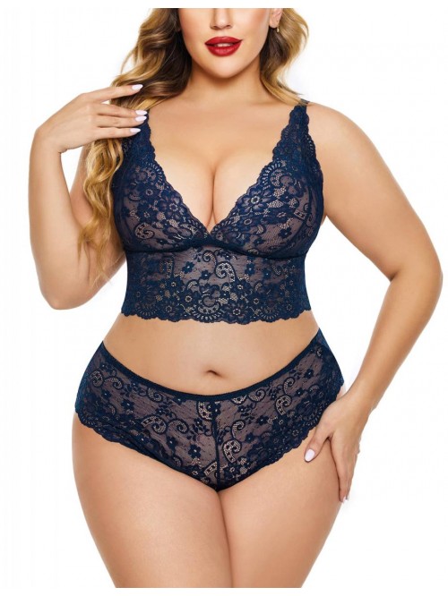 Plus Size Lingerie Set Lace Bralette and Panty Set...