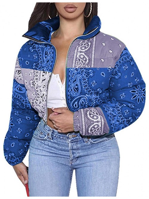 Women's Winter Warm Bandana Print Puffer Cropped J...