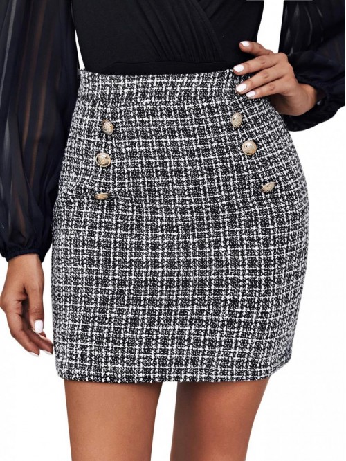 Women's Elegant High Waist A-line Plaid Tweed Mini...