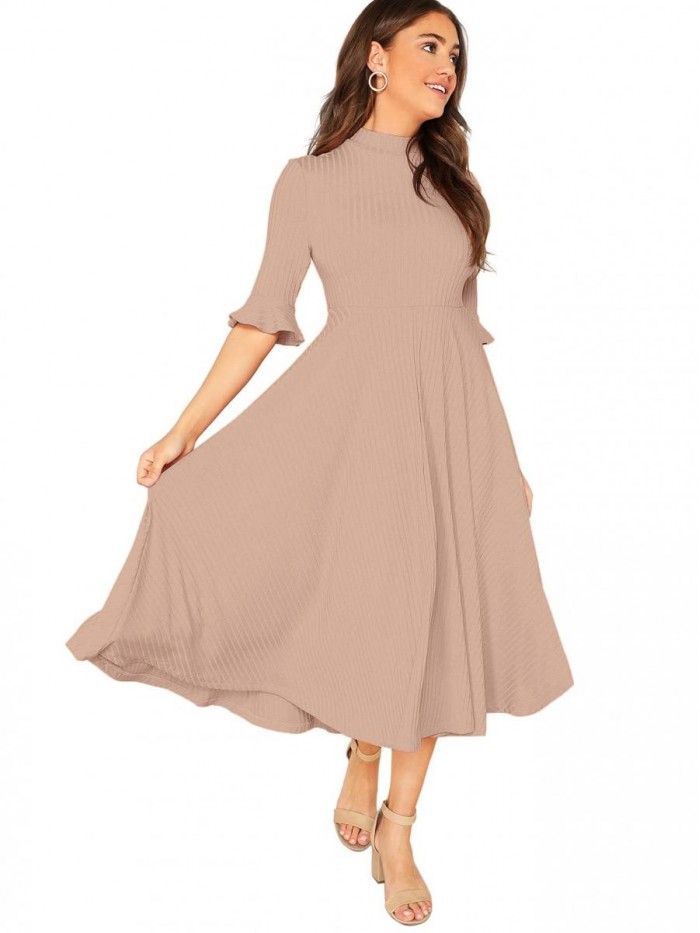 Women's Elegant Ribbed Knit Bell Sleeve Fit and Flare Midi Dress 