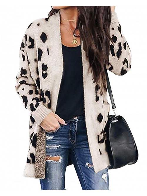 Women Chic Leopard Print Cozy Sweater Pockets Butt...