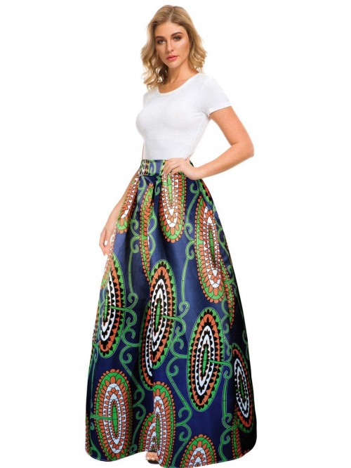 Women African Printed Maxi Skirt Flared Skirt A Li...