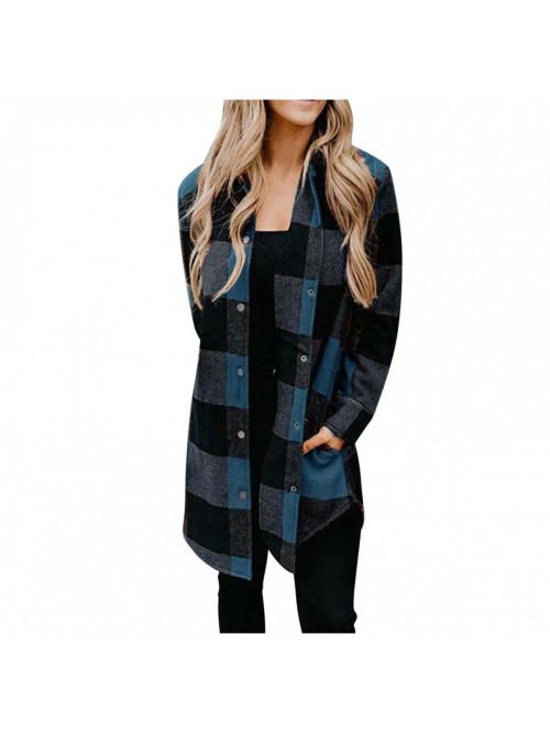 Long Wool Plaid Shirt Jacket Long Sleeve Lapel Shi...