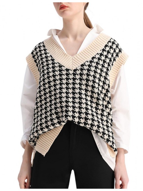 Oversized Houndstooth Knitted Vest Sweater Vintage...