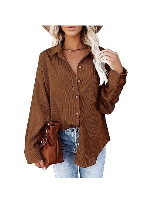 Corduroy Button Down Pocket Shirts Long Sleeve Ove...